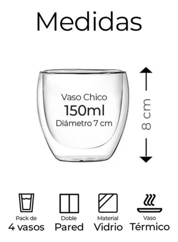 Set 4 Tazas Mug Sin Asa Doble Pared 150ml Frio Caliente