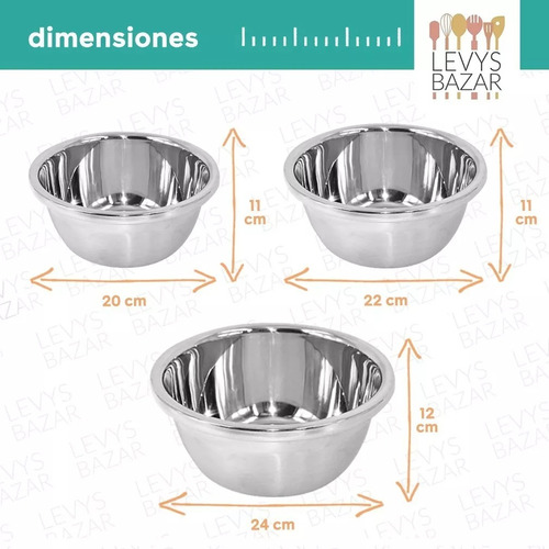 Set X3 Bowls Cocina Acero Inoxidable Batidor Para Batir Reforzado Reposteria Ensaladeras Acero Inoxidable Bowl Crema Levys Bazar