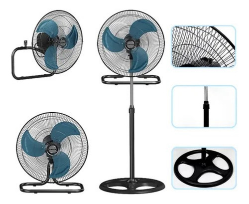 Ventilador 3 En 1 18 Pulgadas Negro Con 3 Aspas De Metal 1.27 M 60 Hz Negro Pateado Metálico 3