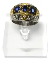 Comprar Anillo Plata, Oro 14k Y Tres Hermosos Zafiros Genuinos. T24
