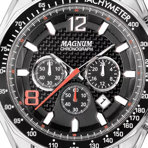 Relógio masculino Magnum prata, mostrador verde, analógico, com calendário.