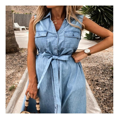 Vestido Vaquero Sin Mangas De Una De Botones For Mujer