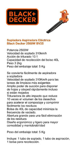 Imagen 7 de 10 de Sopladora Aspiradora Black+decker Bv25 Eléctrica 2500w 220v