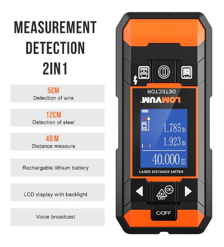 2 En 1 Detector Metales Pared Metro Láser Digital Recargable