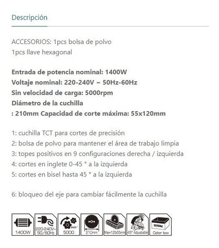 Imagen 4 de 8 de Sierra Circular Ingletadora Total 8 1/4 210mm 1400w Biselado