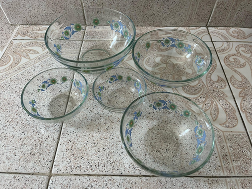 Juego De 5 Bowls Contenedores De Vidrio Hermeticos Con Tapa Azul Claro