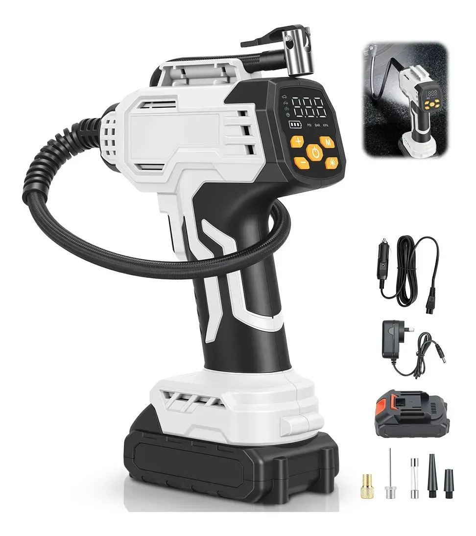 Inflador Portátil Inalámbrico para Llantas, Compresor de Aire Digital con Manómetro, Batería 10000mAh , 120W, Presión Ajustable 3-150PSI,Inflado Automático con Luz LED, Para Auto Moto Bici Pelota