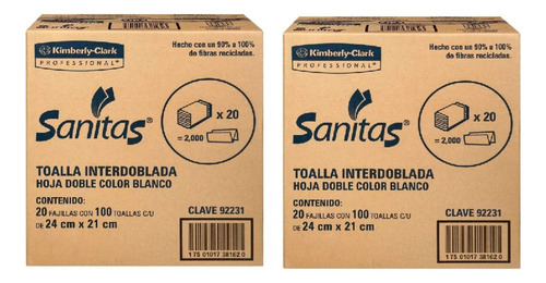 2 Cajas Toalla Interdoblada Sanitas Kimberly Con 2000 Pz C/u