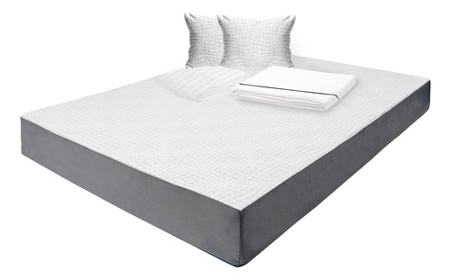 Colchón Queen Size 20 Cm + Sábanas, Protector Y Almohada Blanco Con Gris