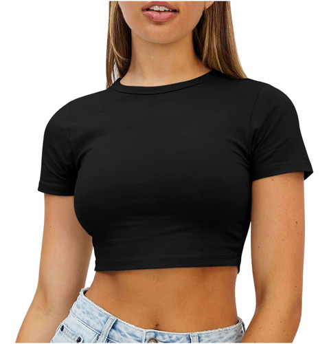 E Mujeres D138 Tops Crop Lindo Moda Básico Ajustado Cuello R