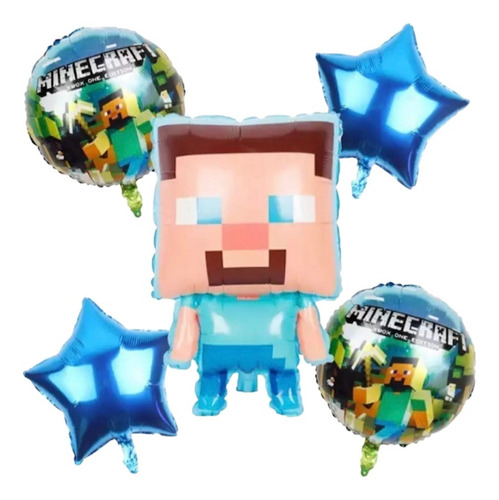 Pack De 5 Globos Minecraft Incluye Muñeco Gde 