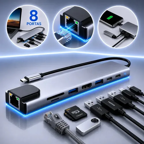 Adaptador Hub Usb Com 8 Portas Rj45 Hdmi Usb 3.0 E 2.0 Tipo C Micro Sd Cartão Ethernet Cabo Thunderbolt Dock Station Dex Macbook Air M1 M2 iPad Type C Tablet Computador Pc Notebook Extensor Cinza