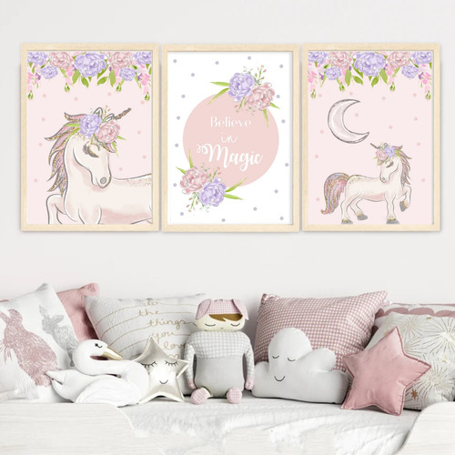 Set X3 Cuadros Personalizado Unicornio Rosa 23x33 Completos 