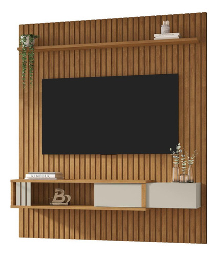 Painel para TV até 75 Polegadas Ripado com 1 Gaveta e Nicho Multimóveis CR45288 Naturalle/Off White