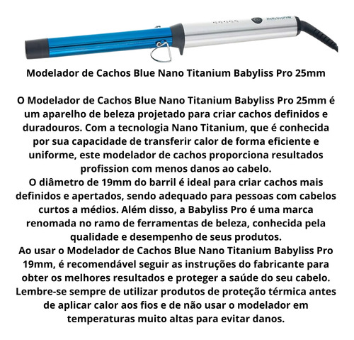 Modelador De Cachos Babyliss Pro Blue Nano Cone 25mm Bivolt