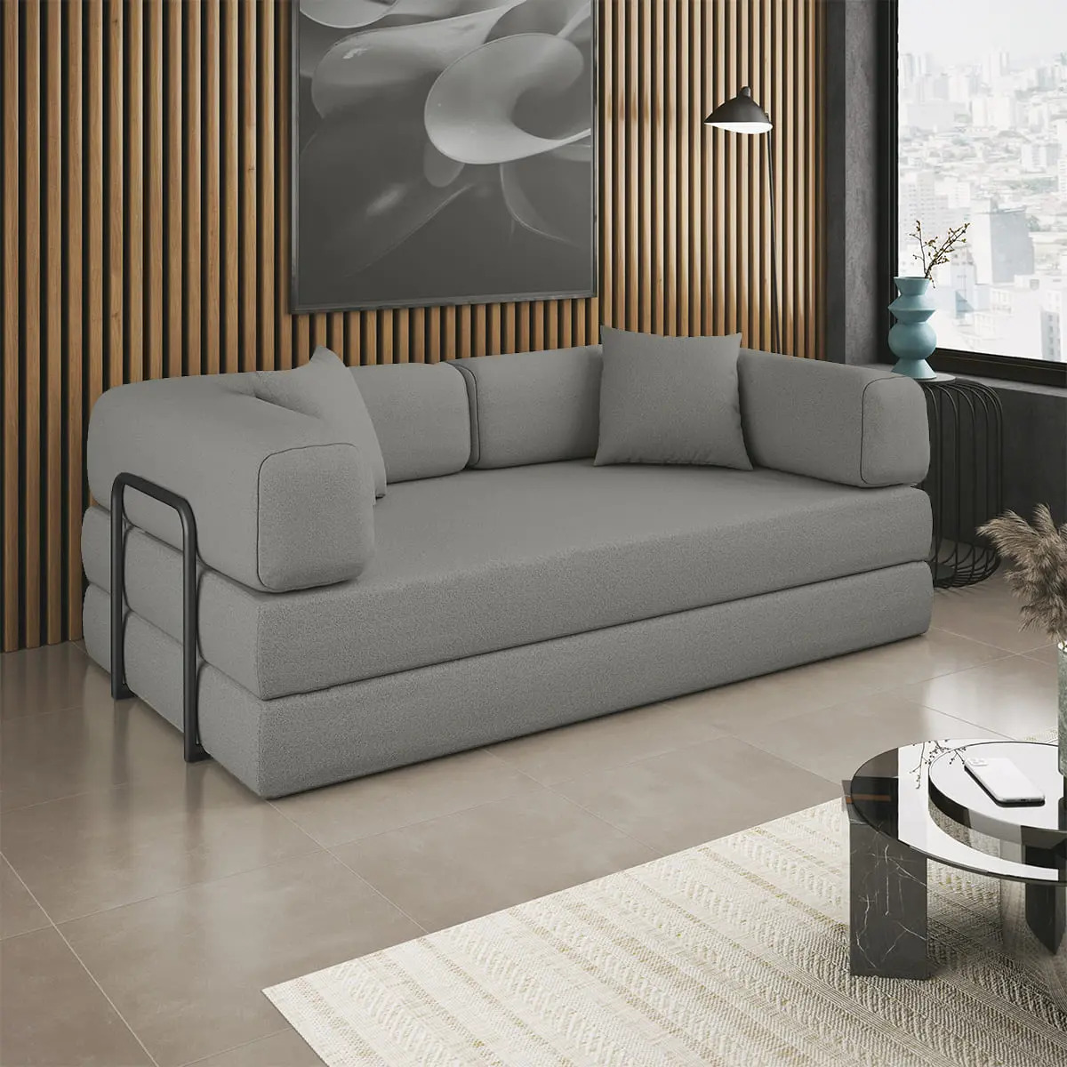 Sofá Cama Colchão Casal Compact Air Confortável Moderno Sala Cinza Claro Balaqui Decor