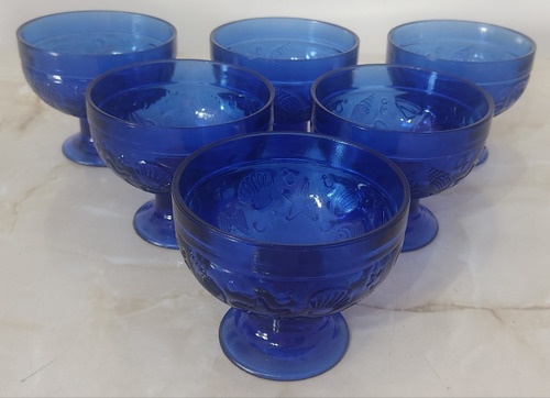 Copas De Postre De Vidrio Azul Labrado (6 Unidades)
