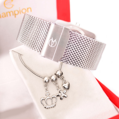 Combo Relógio Feminino Champion Espelhado Prata + Pulseira