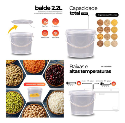 Balde De 2.2 Litros Com Tampa Lacre - Kit 15 Pçs