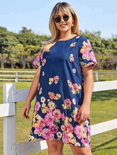 Vestido Túnico Azul Floral, Tallas Extras 1xl 2xl 3xl 4xl 