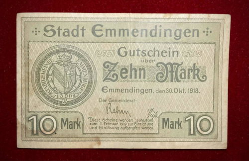 Billete 10 Marcos Alemania Notgeld 1918 Geiger 133.04b (Usado)