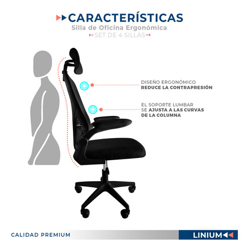Silla Oficina Escritorio Linium Ergo Premium Ejecutiva 4 Pcs Color Negro Material Del Tapizado Malla