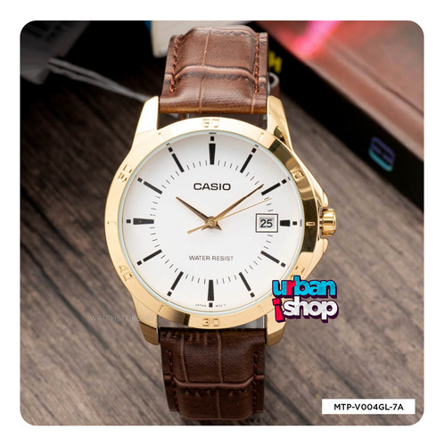 Reloj Casio Caballero Mtp V004gl 7a Piel Fechador Marrón Dorado Blanco
