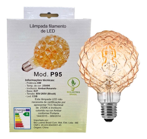 Kit C/15 Lâmpada Led Filamento 6w 2500k P95 Conde Bivolt