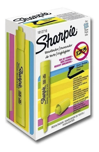 Marcador De Texto Sharpie Amarillo Punta Cincel 12 Pzs