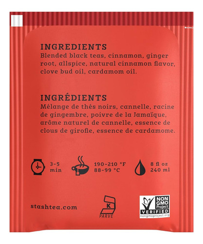 Stash Tea Té Negro Con Especias Chai, Caja De 100 Bolsas
