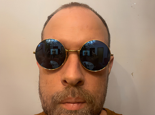 Gafas Woodstock Beats Jimmy Hendrix Rock Look con montura redonda, color varilla dorada, lente dorada, color azul espejo