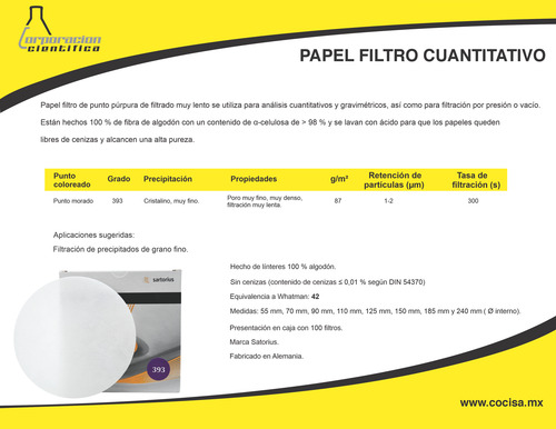 Papel Filtro Sartorius 393 Whatman 42 Pk/100 70 Mm