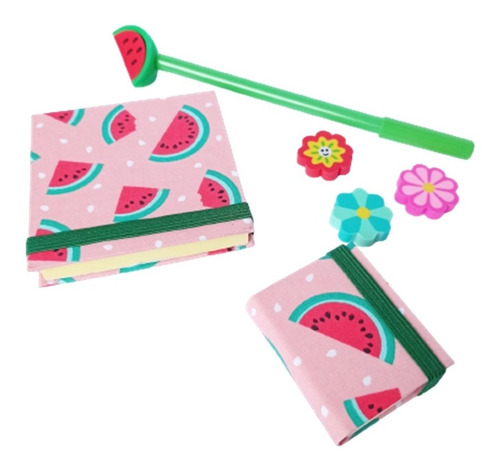 Kit Papelaria 2 Postits, 1 Caneta E 3 Borrachinhas Melancia