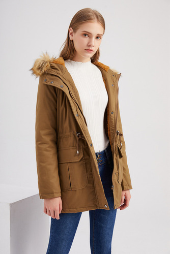 Abrigo Cálido Con Cuello Piel Y Capucha Invierno For Mujer