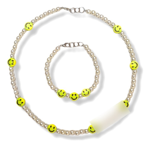 Conjunto Collar Pulsera Caritas Smile Amarillas Perlas 4mm