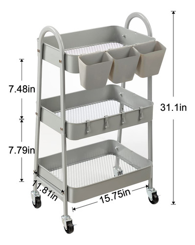 Carrito Rodante De 3 Niveles Con Ruedas Bloqueables Gris
