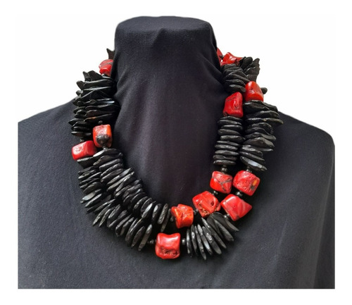 Clr0450 Collar Largo Piedra Hematite, Coral, Madera