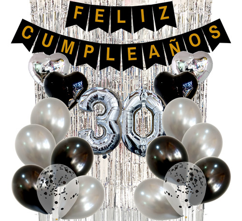 Combo Globos Cumpleaños Perlados Cristal Confeti Plata Negro