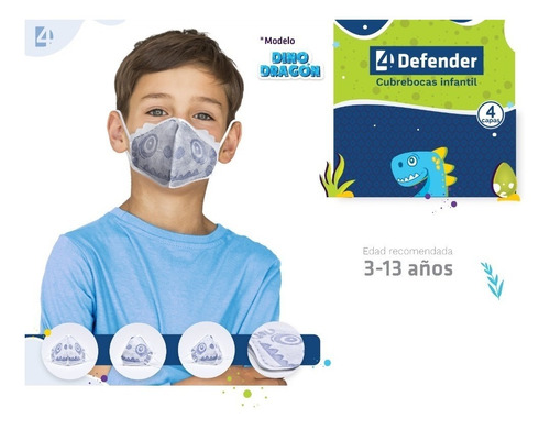 Cubrebocas Infantil Dino Dragon 4defender Kit 125pz