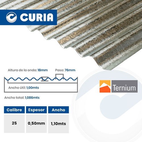 Chapas Techo Galvanizadas Acanalada C25 X 10 Mts Ternium