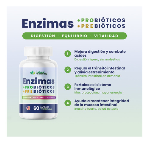 Enzimas + Probióticos + Prebióticos Natural Patentado Usa 60 Sin Sabor