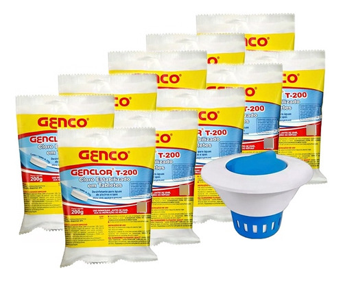 Kit 10 tabletes cloro genclor Genco T200 200g 1 clorador piscina