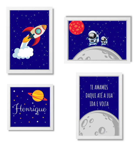 Kit Com 4 Quadros Decorativos Do Tema Astronauta