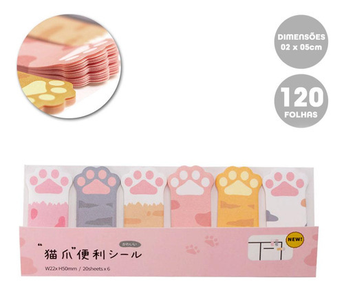 Notas adhesivas con forma de pata de gato, 6 bloques, 2 x 5 cm, 120 pulgadas