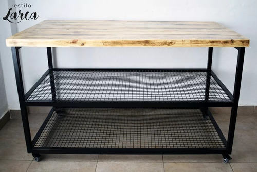 Mesa Isla De Cocina Estantería - Hierro Y Madera Industrial