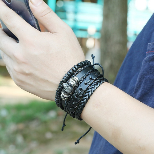 Sets De Pulseras Hombre Yin Yang Ancla Calavera De Cuero