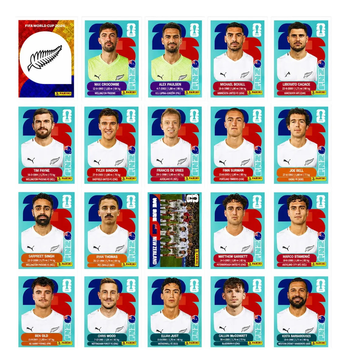 Pack de 20 Figuritas Panini Copa 2026 de Zelanda para Álbum