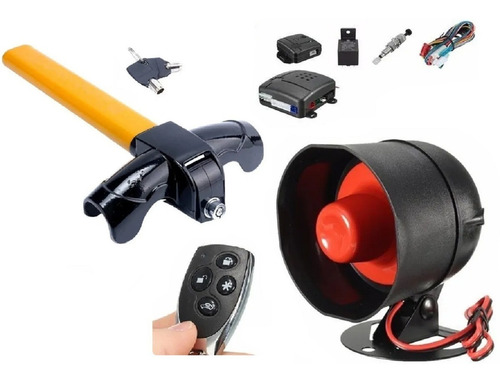 Imagen 1 de 9 de Pack Traba Volante Alarma Auto Control Remoto Tranca Volante