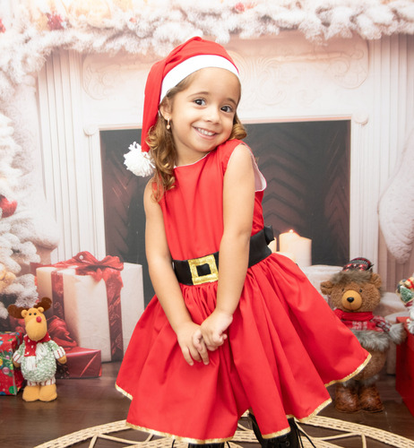 Vestido Infantil Natal Natalino Mamãe Noel+ Gorro Barato