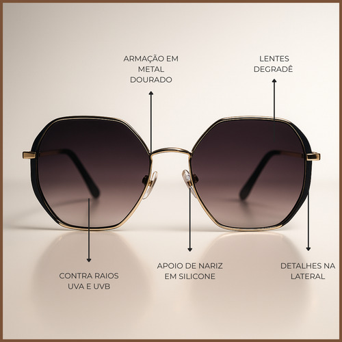 Óculos De Sol Octogonal Retrô Feminino Proteção Uv400 Grande Elegante